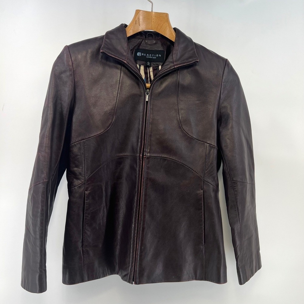 Kenneth Cole Reaction Leather Jacket Women's Lg Brown Distressed Zip